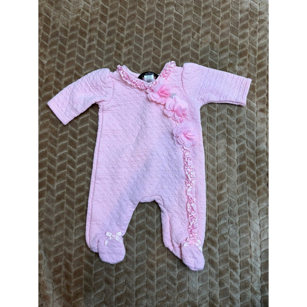 Guess Footed Coverall 0-3M Pink Quilted Heart Floral Ruffle Sparkle Sleeper